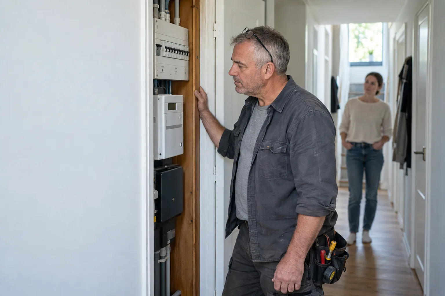 Elektricien beoordeelt de meterkast voor een zwaardere driefasenaansluiting