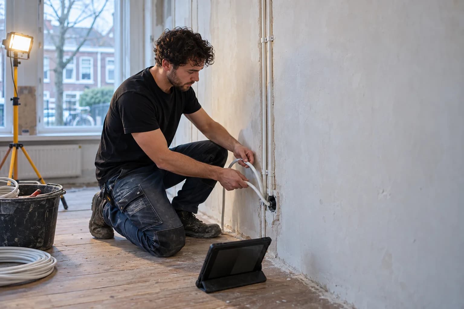 Nieuwe elektraleidingen in gefreesde sleuven tijdens een verbouwing