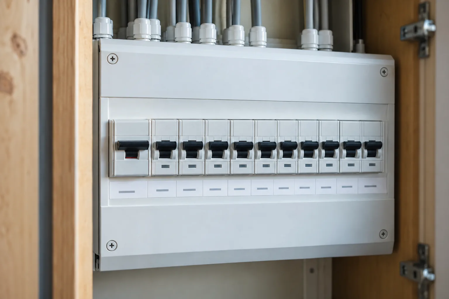 Detail van een afgemonteerde groepenkast met aardlekautomaten op de DIN-rail