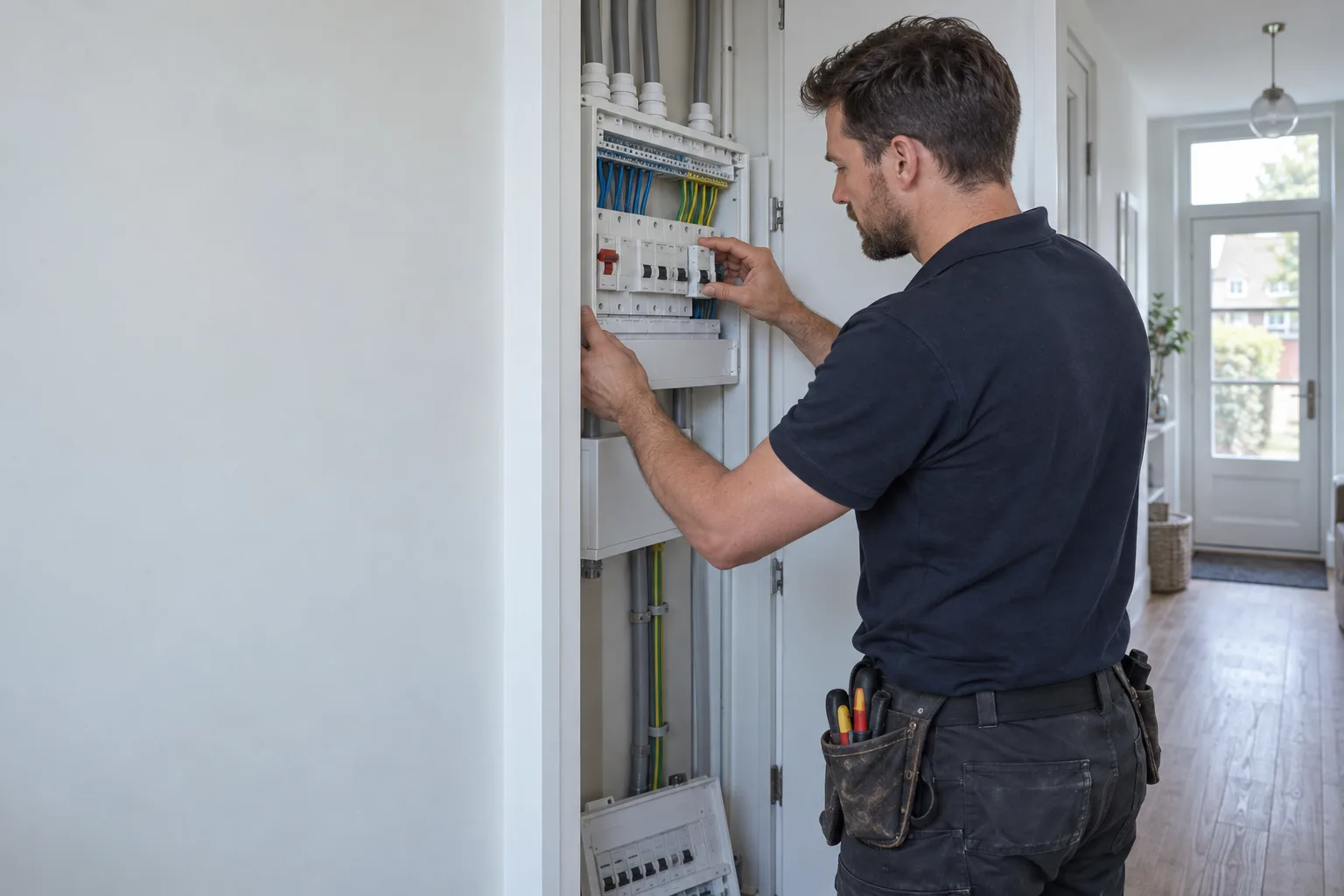 Elektricien monteert een nieuwe groepenkast met aardlekautomaten in een Nederlandse meterkast