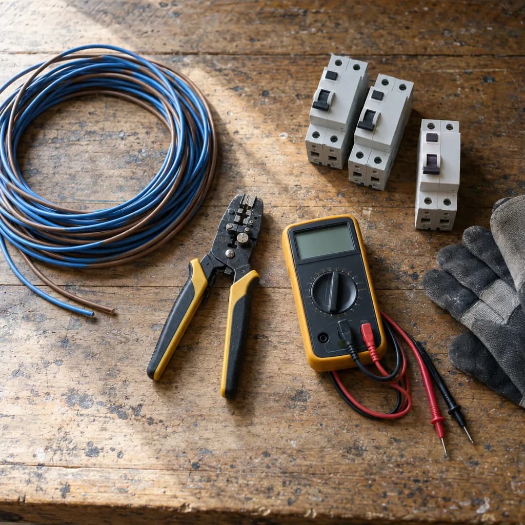 Installatiedraad, striptang, multimeter en aardlekautomaten op een werkbank