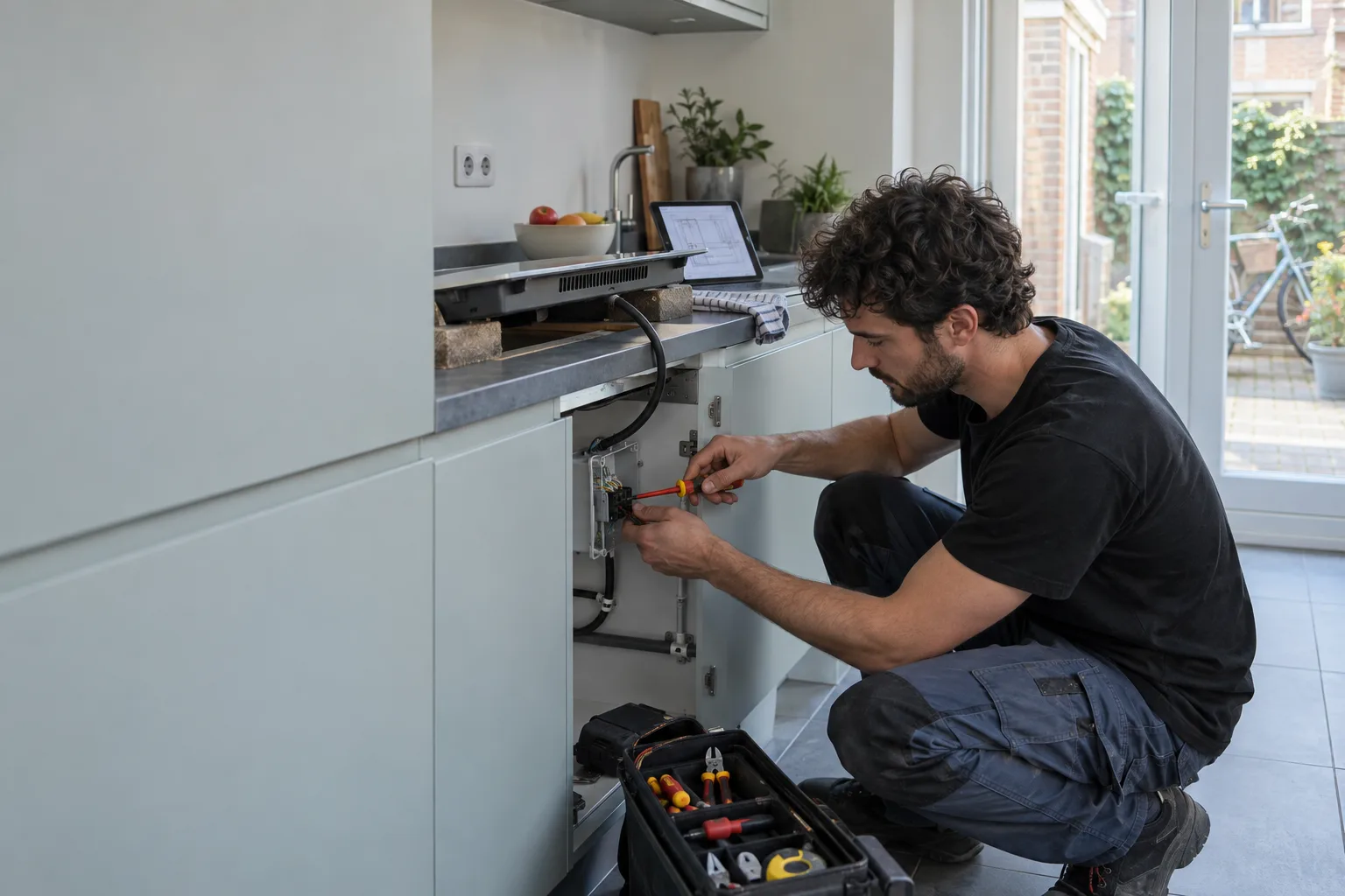 Elektricien sluit een kookgroep aan voor een inductiekookplaat