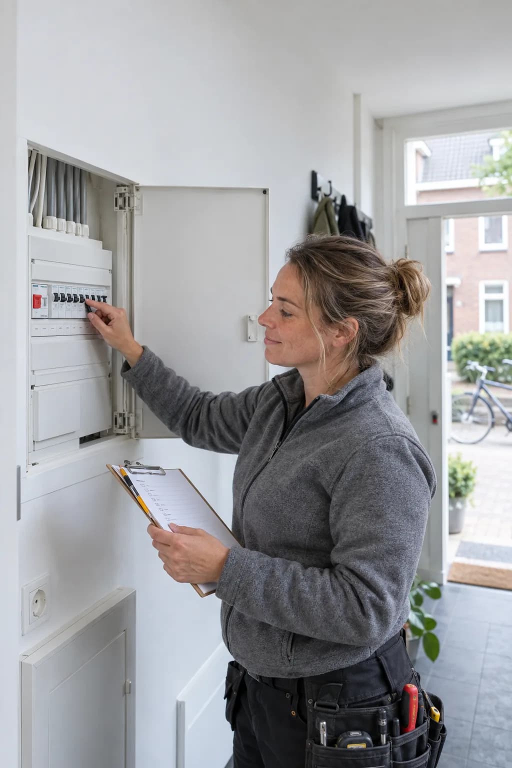 Elektricien test de aardlekschakelaar en werkt de opleverlijst af