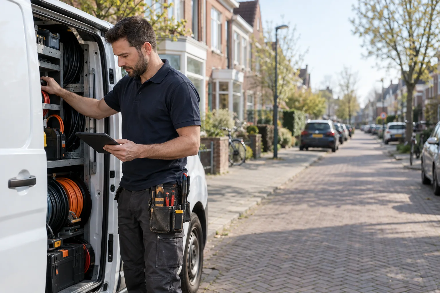 Zelfstandig elektricien bij zijn bus, gereedschap in de rekken, tablet in de hand