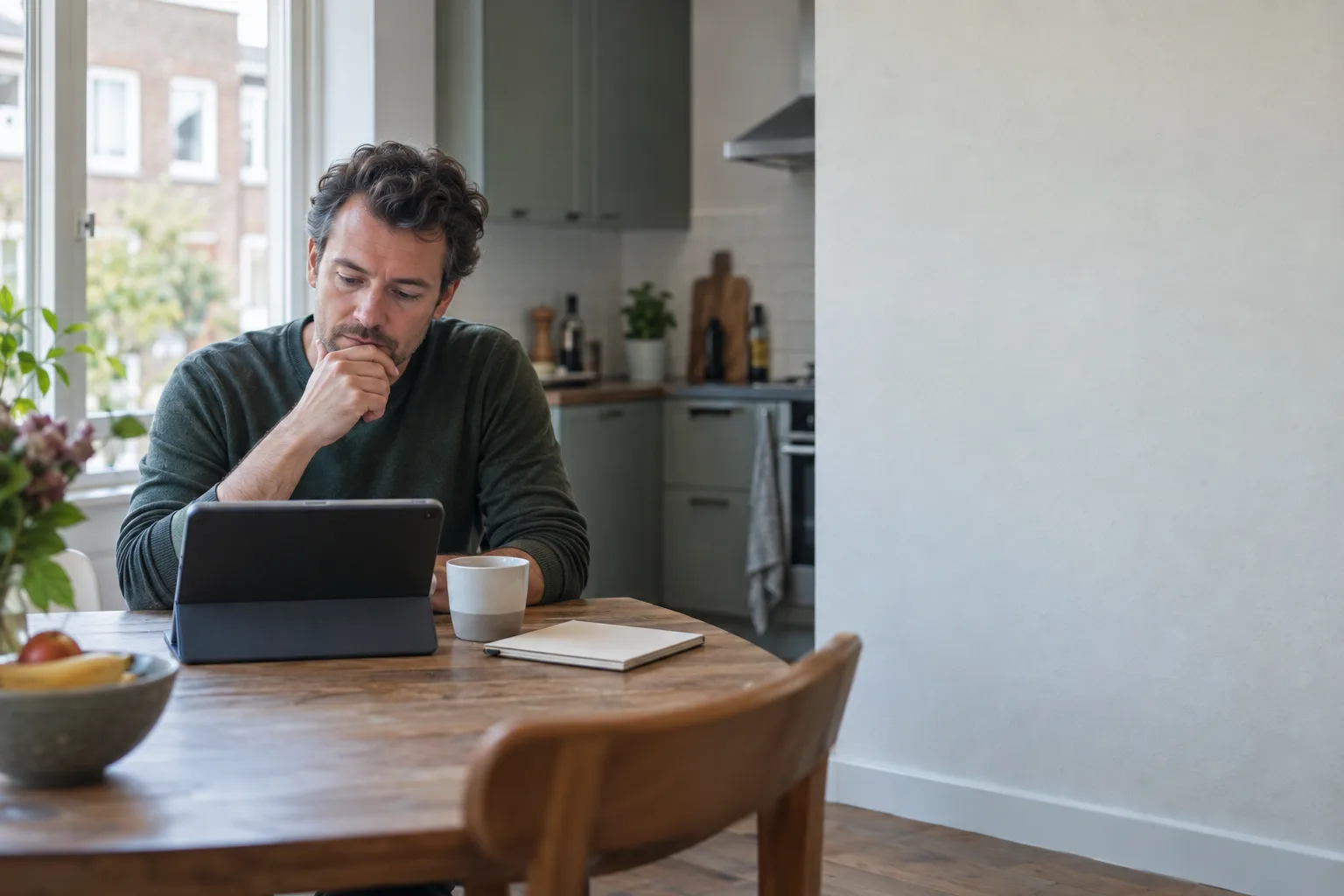 Bewoner bekijkt thuis rustig wat het werk gaat kosten