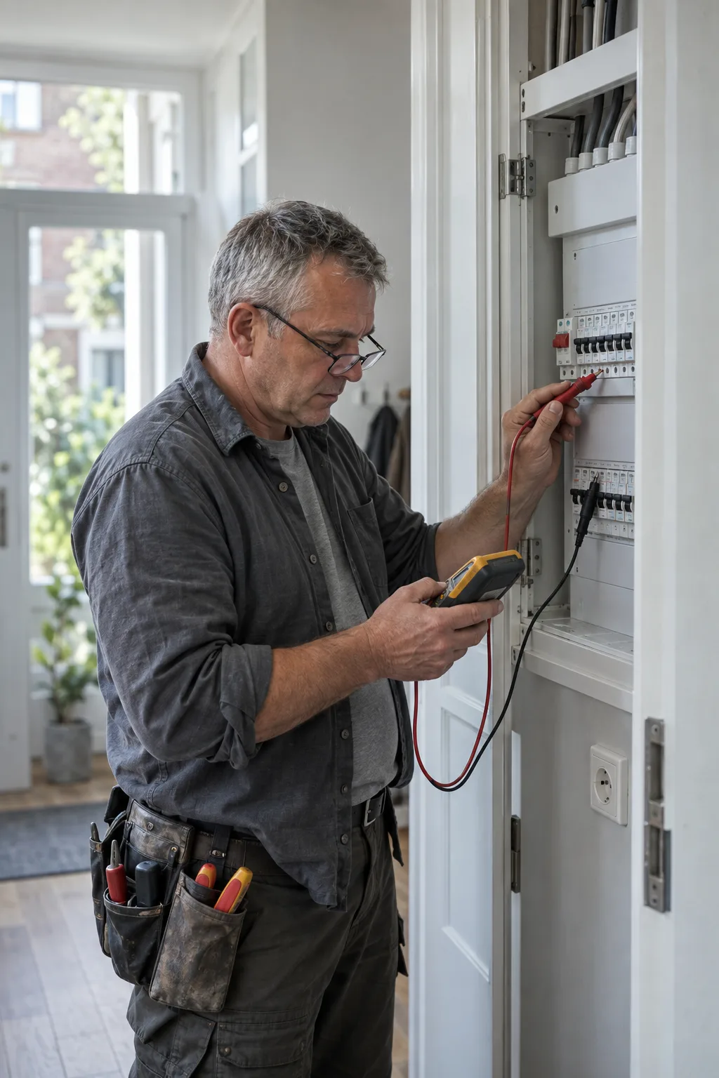 Elektricien meet een installatie door met een multimeter om een storing te vinden