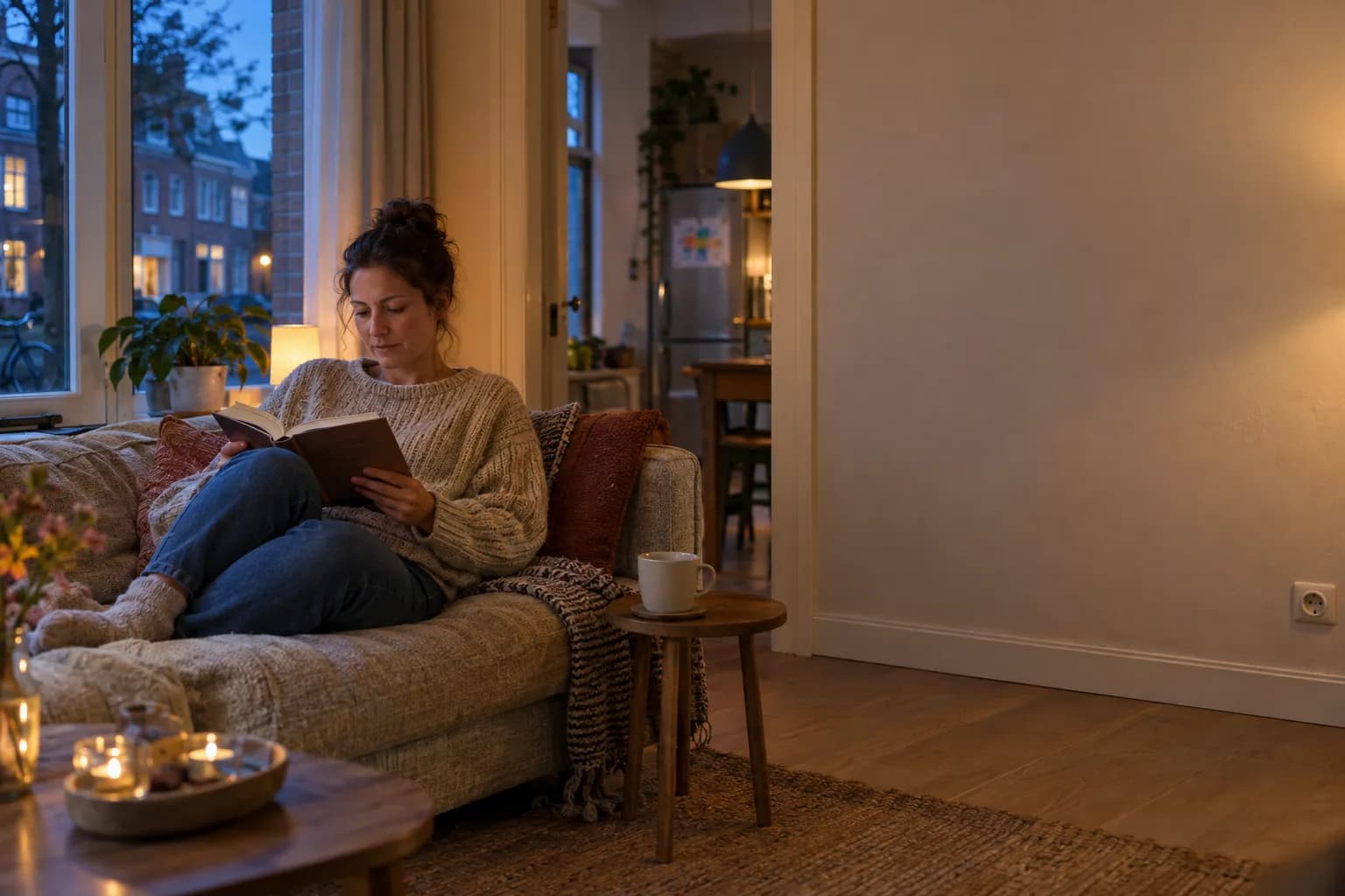 Bewoner leest 's avonds thuis op de bank, alles doet het weer