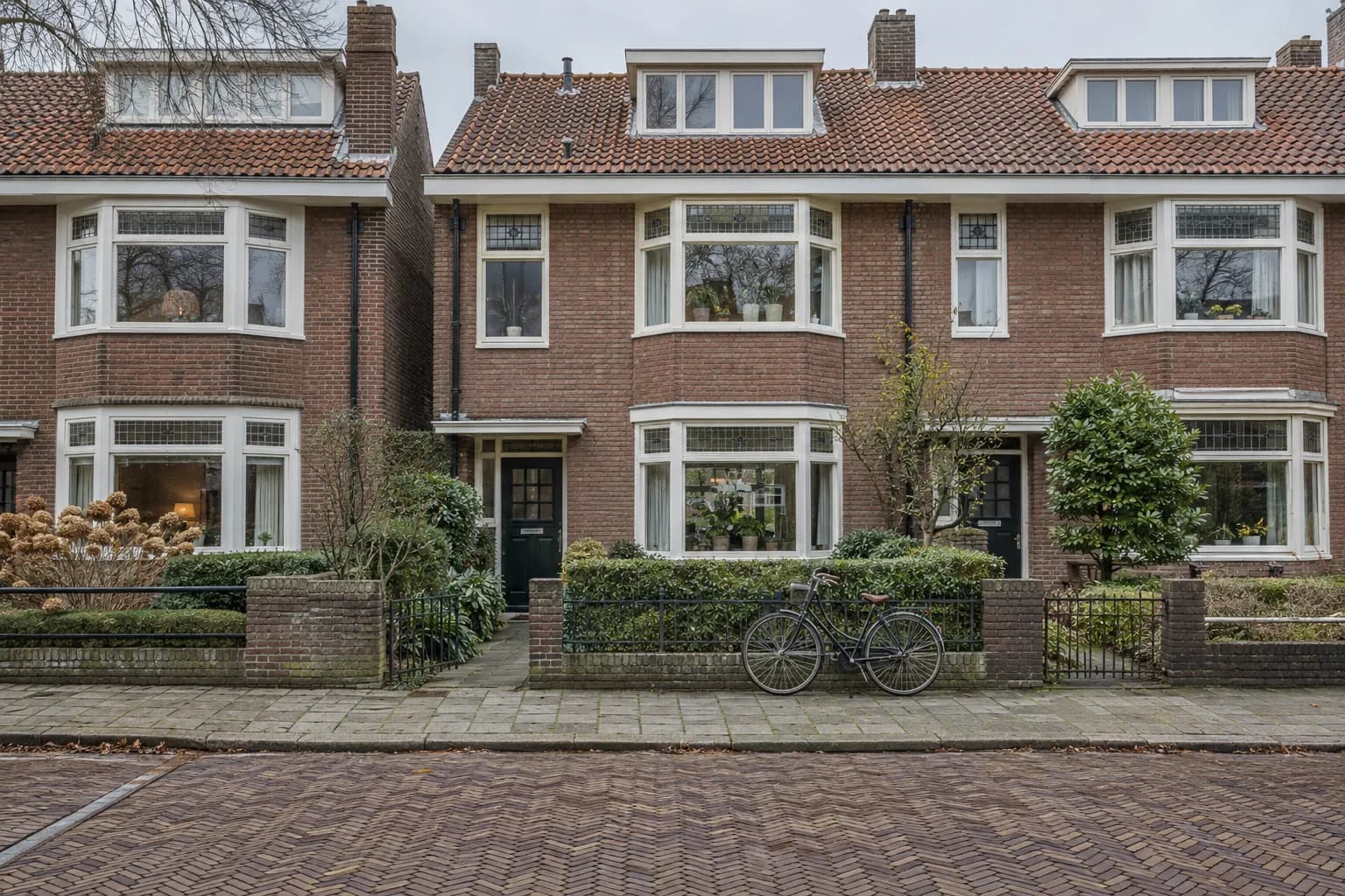 Nederlandse jaren-30-woningen met bakstenen gevels en witte kozijnen